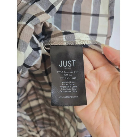 Just Female Anthropologie Midi Soon Plaid Taupe Organic Cotton Dress 36 Small S - Picture 11 of 12